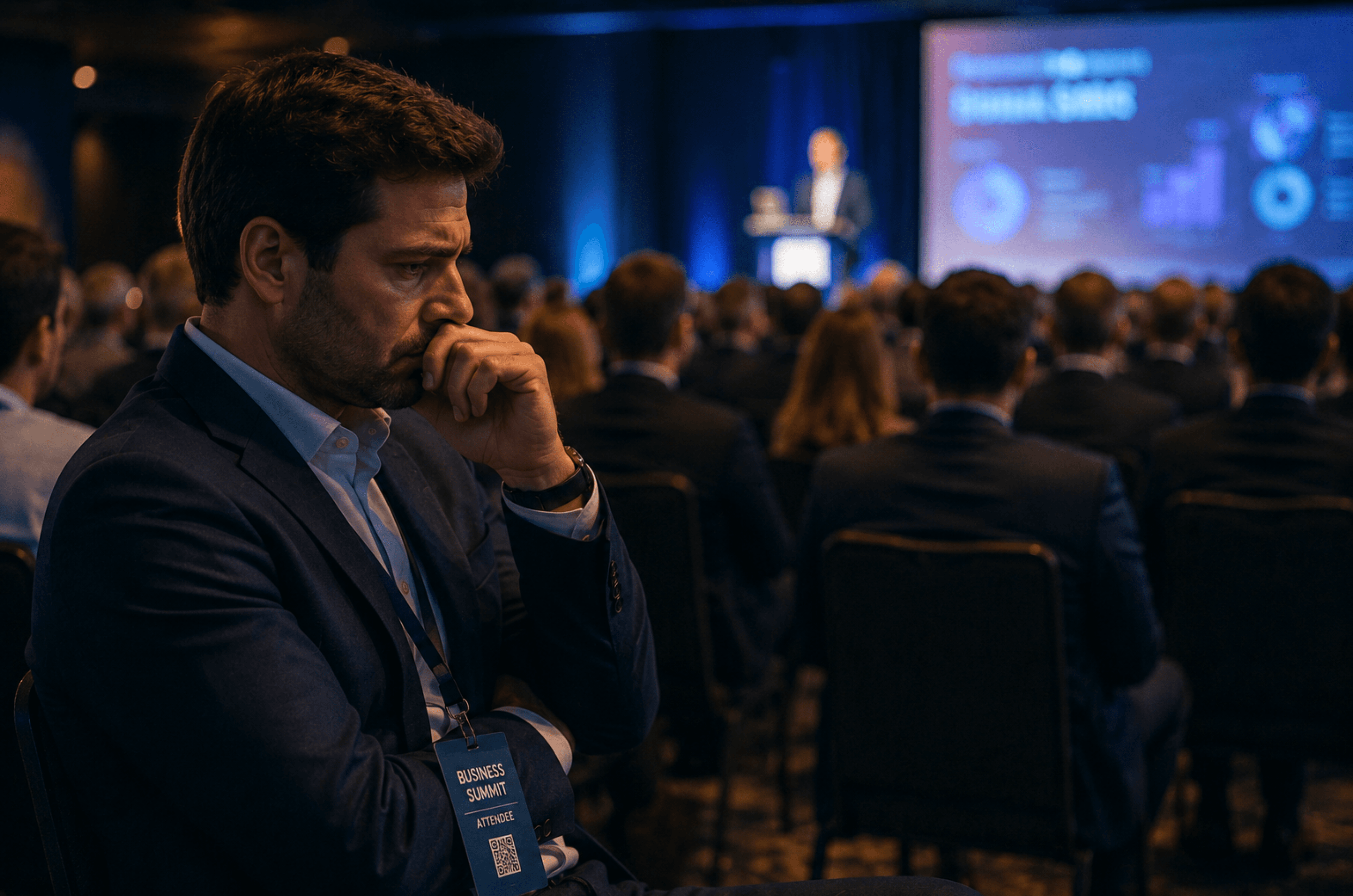 Professional at a business summit considering a missed opportunity